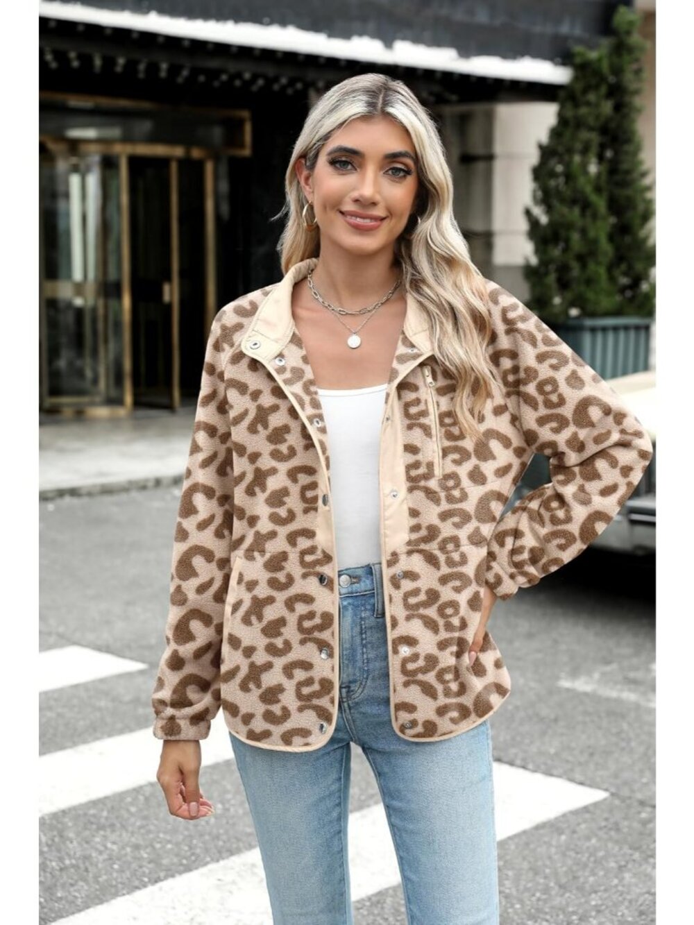 Women Leopard Print Fleece Jacket Western Aztec Print Snap Button Down Outerwear - Picture 3 of 3